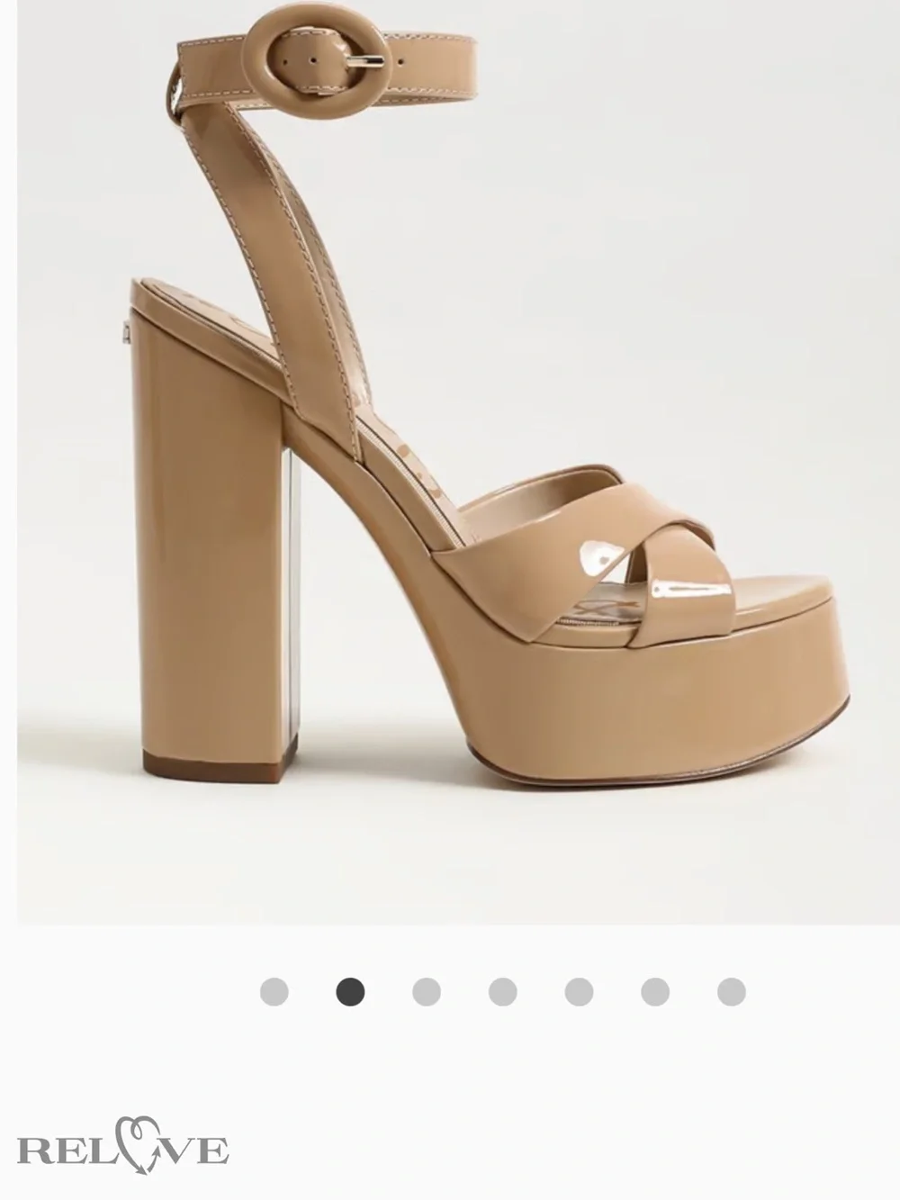 Delman Beige Patent Platform Block Heel Sandal with Ankle Strap